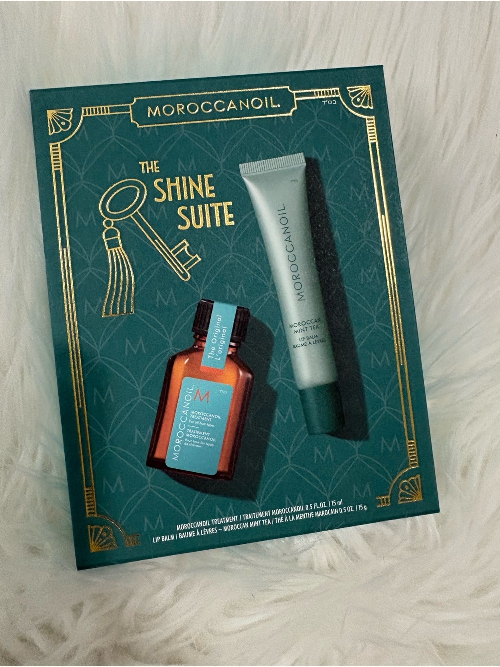 Moroccanoil Shine Suite including Hair Treatment Oil and Lip Balm in Mint Tea
